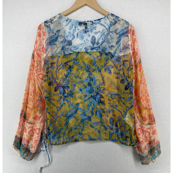 BCBGMAXAZRIA Top S Silk Sheer Floral Metallic Striped Long Sleeve Blue Orange - Picture 3 of 11